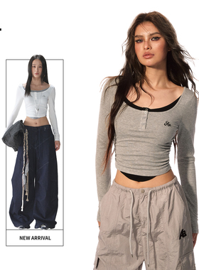 ACMEAURA 美式复古假两件短款辣妹T恤女正肩修身内搭长袖打底上衣