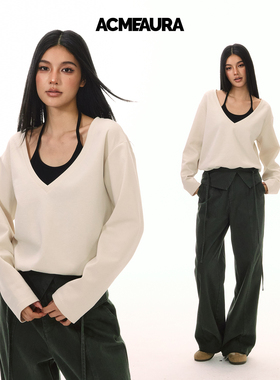 ACMEAURA韩系V领挂脖假两件套针织衫女2026新款秋冬季针织上衣女