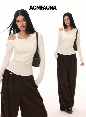 ACMEAURA纯欲露肩假两件长袖t恤女秋季设计感掐腰独特上衣打底衫