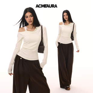 设计感掐腰独特上衣打底衫 ACMEAURA纯欲露肩假两件长袖 t恤女秋季