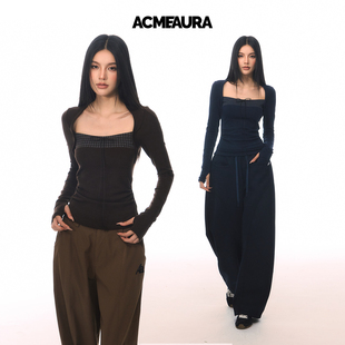 百搭T恤 显瘦方领长袖 ACMEAURA 复古纯欲格纹拼接假两件上衣女修身