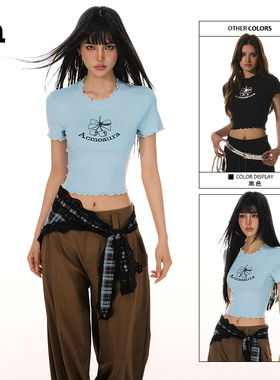 ACME AURA美式复古辣妹短款蝴蝶结印花高腰露腰正肩圆领短袖T恤女