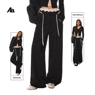 可拆卸设计直筒卫裤 ACMEAURA 复古蕾丝花边拼接撞色假两件休闲裤