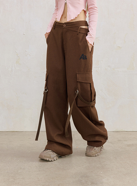 ACME AURA 不对称腰线镂空设计双口袋飘带工装裤宽松直筒休闲裤