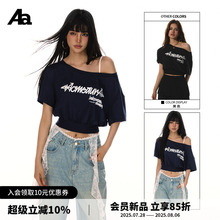 ACME AURA美式复古嘻哈风印花慵懒风蝙蝠袖收腰斜肩宽松短袖T恤女