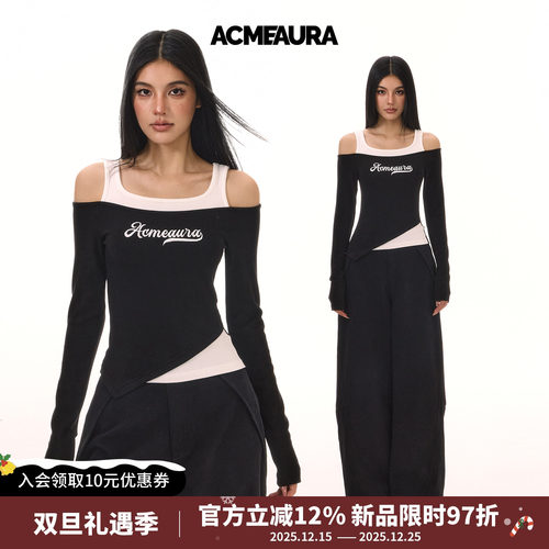 ACMEAURA美式复古甜辣妹斜肩长袖T恤女秋冬季收腰显瘦露肩上衣女