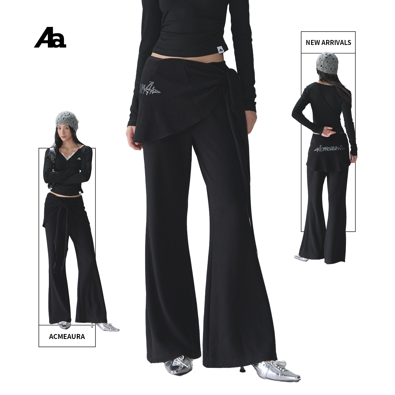 ACMEAURA黑色微喇裤女烫钻休闲裤