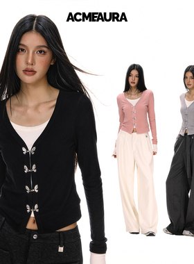 ACMEAURA假两件上衣女设计感蝴蝶扣V领正肩针织衫女秋季显瘦T恤