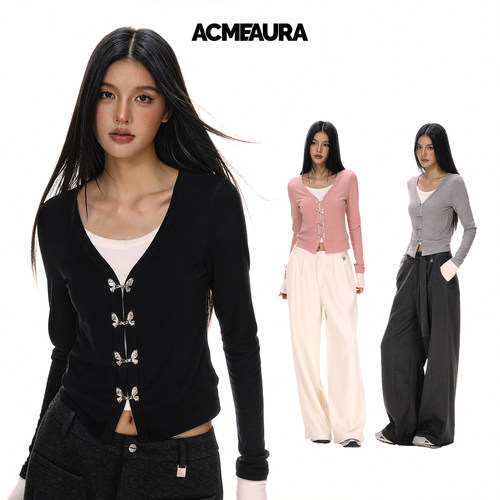 ACMEAURA假两件上衣女设计感蝴蝶扣V领正肩针织衫女秋季显瘦T恤