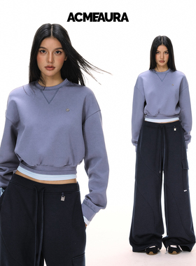 ACMEAURA蓝色卫衣女2025秋冬新款设计感百搭无帽卫衣短款外套女