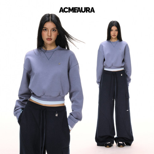 ACMEAURA蓝色卫衣女2025秋冬新款设计感百搭无帽卫衣短款外套女