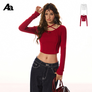 ACMEAURA 打底T恤 设计感分割线设计毛边挂脖辣妹甜酷上衣女短款