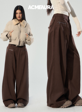 ACMEAURA棕色阔腿休闲工装裤女秋冬新款高腰宽松遮肉显瘦裤子女款