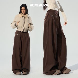 子女款 ACMEAURA棕色阔腿休闲工装 高腰宽松遮肉显瘦裤 女秋冬新款 裤