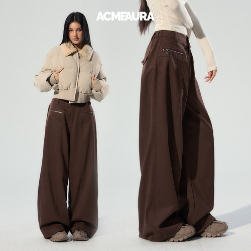 ACMEAURA棕色阔腿休闲工装裤女秋冬新款高腰宽松遮肉显瘦裤子女款
