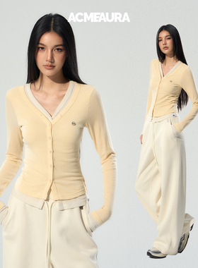 ACMEAURA浅黄色V领假两件上衣女秋季新款修身显瘦内搭开衫长袖t恤