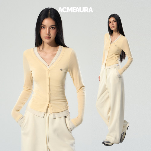 ACMEAURA浅黄色V领假两件上衣女秋季新款修身显瘦内搭开衫长袖t恤