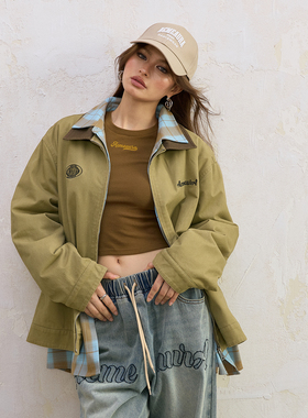 ACME AURA 美式复古撞色翻领内里羊羔毛宽松百搭女士工装夹克外套