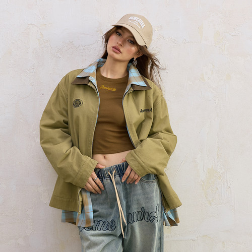 ACME AURA 美式复古撞色翻领内里羊羔毛宽松百搭女士工装夹克外套