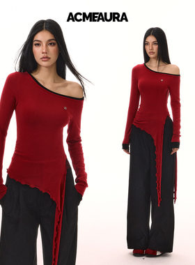ACMEAURA斜肩一字肩长袖T恤女秋冬辣妹穿搭拼接飘带红色爵士上衣