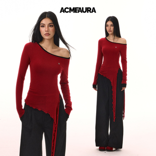 ACMEAURA斜肩一字肩长袖 T恤女秋冬辣妹穿搭拼接飘带红色爵士上衣