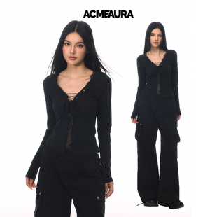 ACMEAURA T恤 复古蕾丝绑带纯欲上衣女设计感黑色V领显瘦内搭长袖