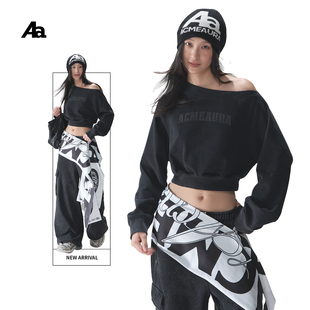 卫衣斜肩上衣女高级感 短款 ACMEAURA卫衣外套秋季 卫衣黑色长袖