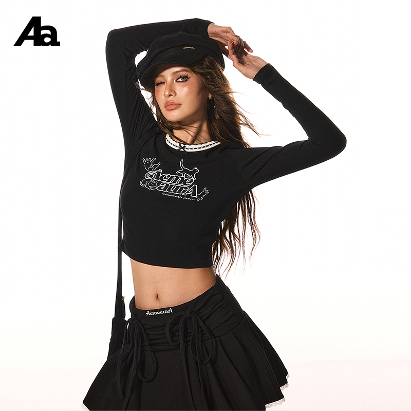 ACMEAURA 复古芭蕾风花边蝴蝶结猫咪印花T恤女短款气质辣妹上衣