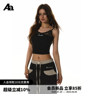 复古领口蕾丝拼接字母刺绣修身 ACMEAURA美式 显瘦美背上衣吊带背心