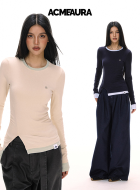 ACMEAURA美式复古长袖t恤女秋冬新款灰色拼接假两件捏褶打底上衣
