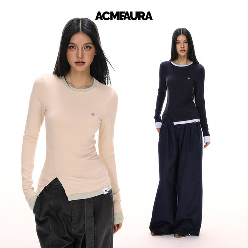 ACMEAURA美式复古长袖t恤女秋冬新款灰色拼接假两件捏褶打底上衣
