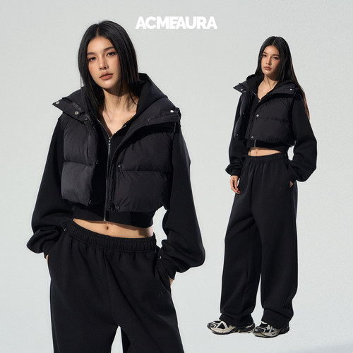 ACMEAURA羽绒服马甲女款冬立领吸铁石扣白鸭绒保暖短款面包服外套
