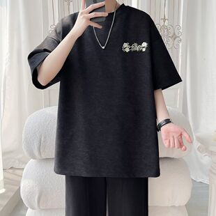 刺绣短袖T恤男夏季2026新款美式重磅上衣青少年潮牌宽松男生半袖