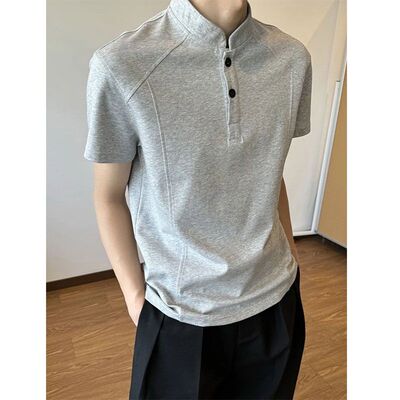 裁剪解构亨利领T恤内搭男款春夏cleanfit短袖痞帅半袖polo衫