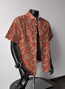 古着感花卉短袖衬衫男女泰国复古港风夏威夷艺术感宽松bf情侣衬衣