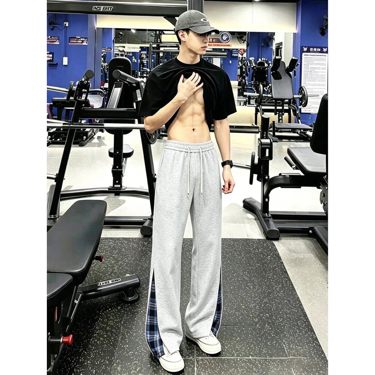 白灰色健身运动男士休闲裤格纹拼接垂感微喇裤子遮肉显瘦弯刀卫裤
