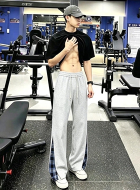 白灰色健身运动男士休闲裤格纹拼接垂感微喇裤子遮肉显瘦弯刀卫裤