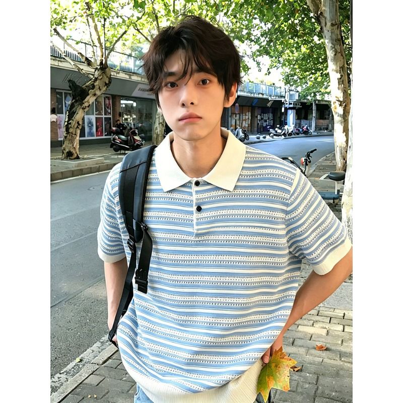 撞色镂空提花条纹翻领POLO衫文艺小清新夏季套头针织T恤男