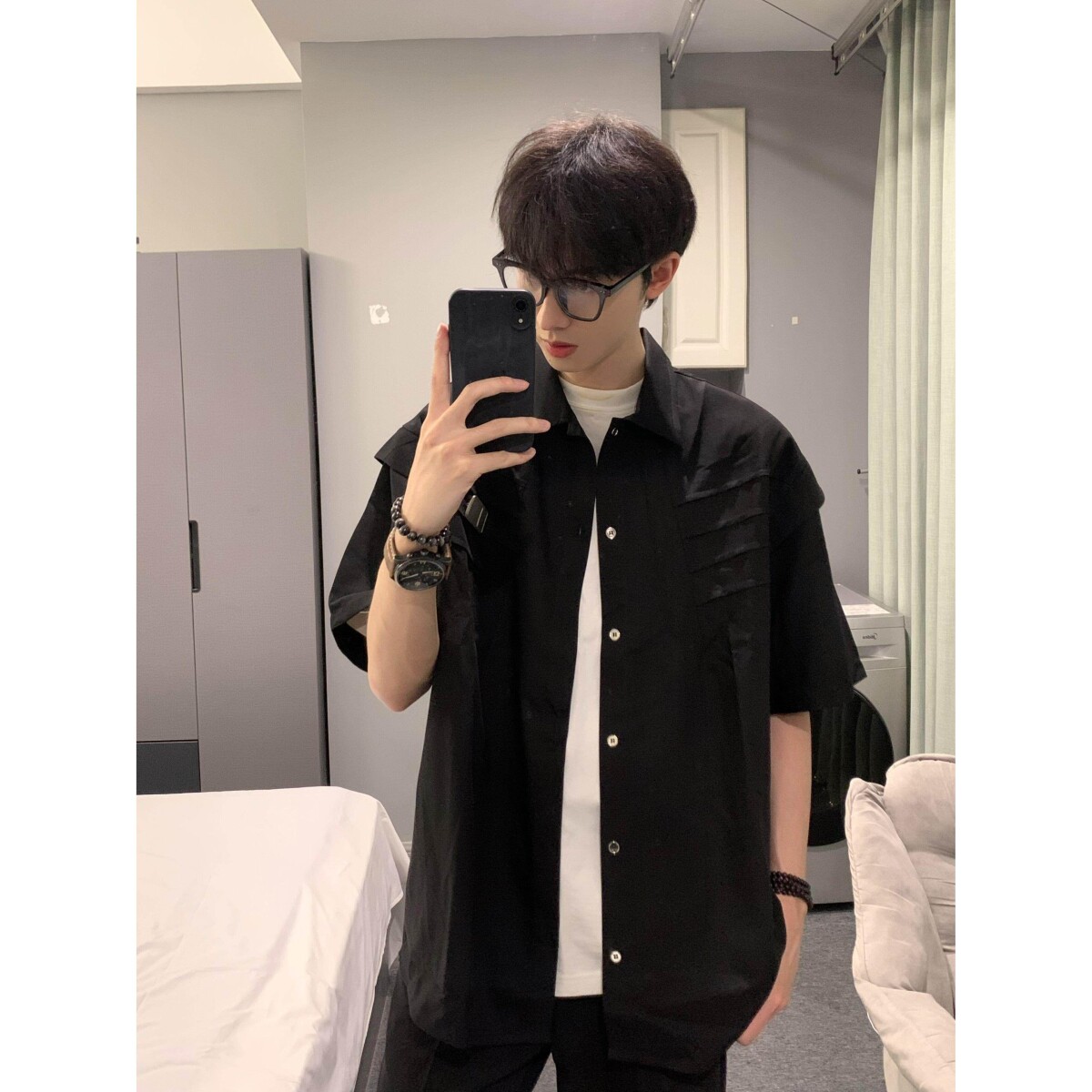 小众解构压褶设计感衬衫男女夏季短袖潮牌美式黑白色半截袖