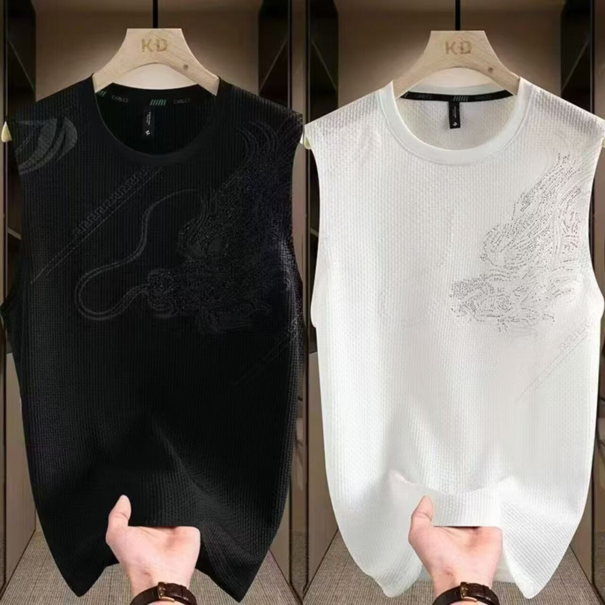 男士夏季新款冰丝龙图案圆领背心时尚大气青年无袖运动坎肩上衣男