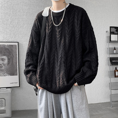 ins麻花纹理感套头毛衣男春秋季加肥加大码潮胖人宽松痞帅针织衫
