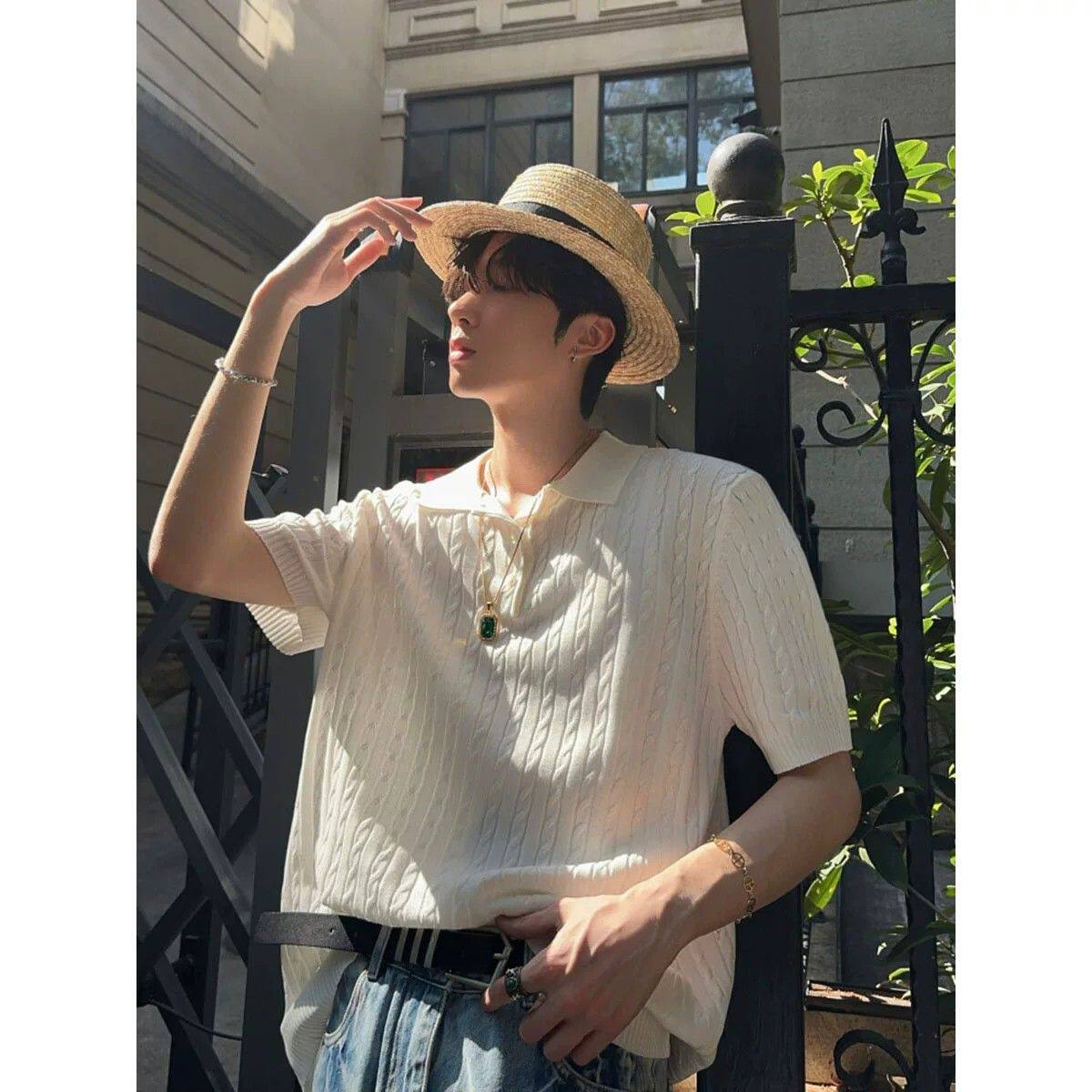 夏季新款老钱风领麻花针织短袖T恤男韩版宽松纯色翻领polo衫