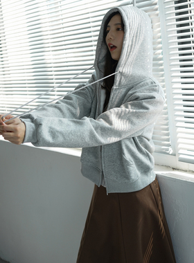 NBN/开衫薄绒卫衣灰色连帽短款休闲运动外套秋季女装帽衫辣妹夹克