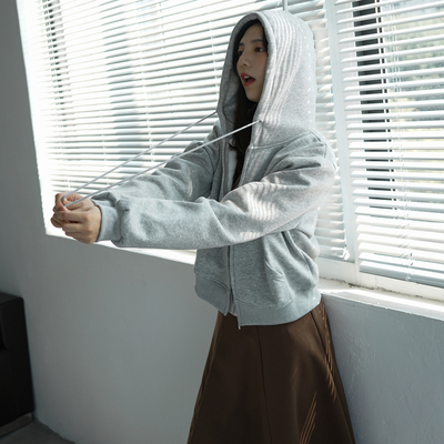 薄绒短款宽松辣妹风连帽卫衣帽衫