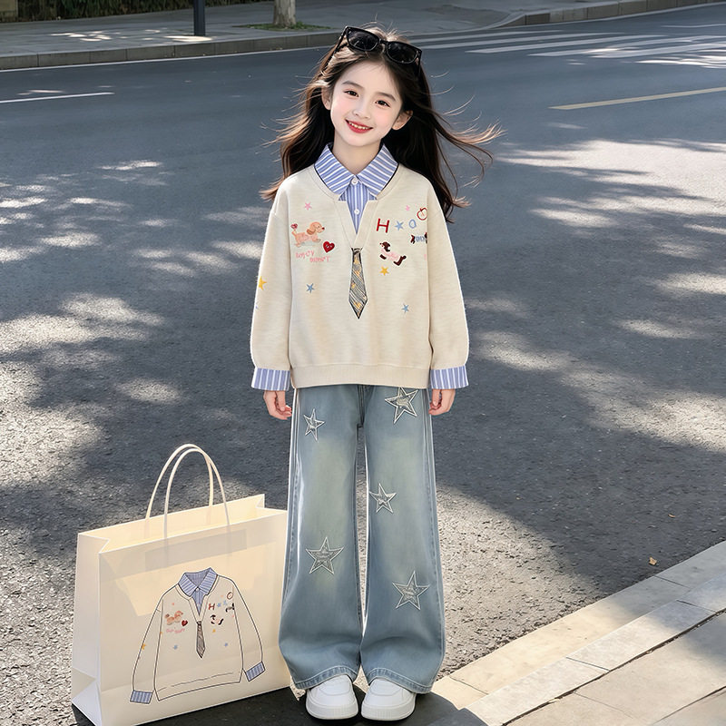 女童春秋季刺绣卫衣套装两件套韩版洋气牛仔裤儿童春装新款潮秋装