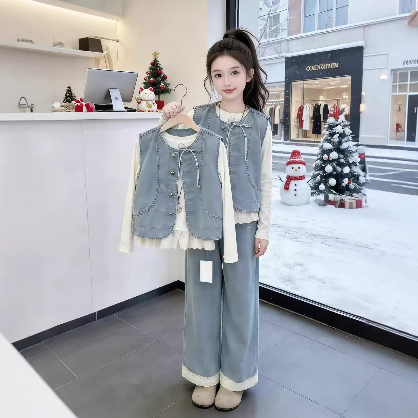 女童春装套装2026新款女大童春秋牛仔马甲阔腿裤三件套超好看衣服