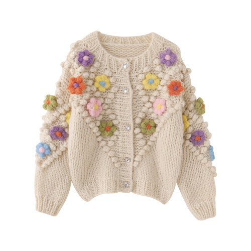 蔻后圆领宽松棒针钩花豆豆开衫