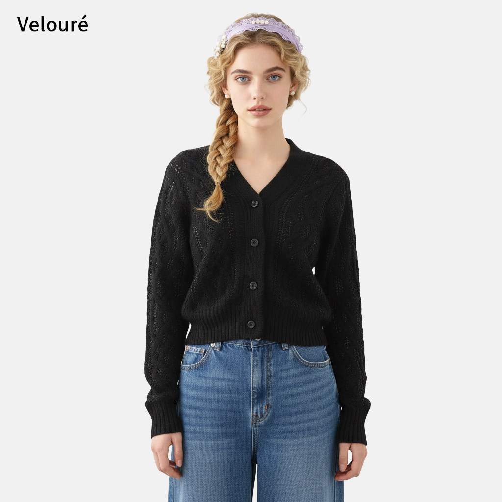 法式复古宫廷风麻花针织开衫外套女小个子设计感V领黑色毛衣新