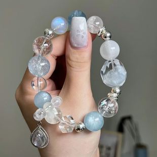 天然水晶手链手串蓝兔毛团海蓝宝蓝月光雪花幽灵阿塞【天使之泪】