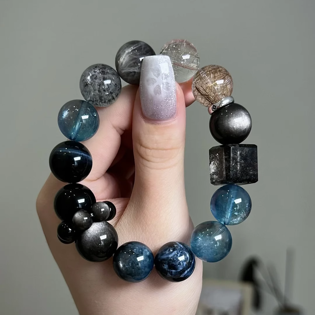 招财发晶手串高品星辉骨干彼得石金属海蓝宝设计情侣【尘觅·星】